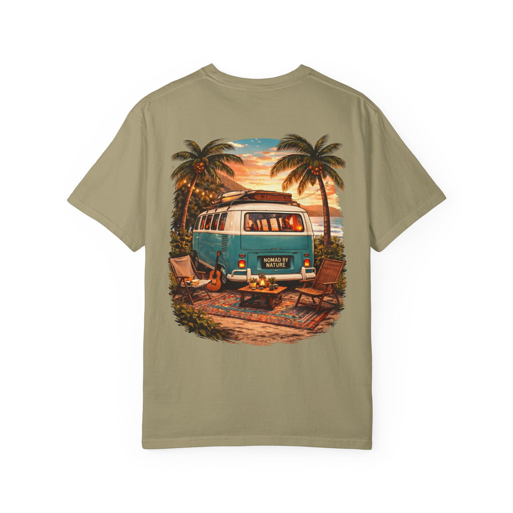 Vintage Camper Van Beach Scene T-Shirt | Sunset Palm Tree