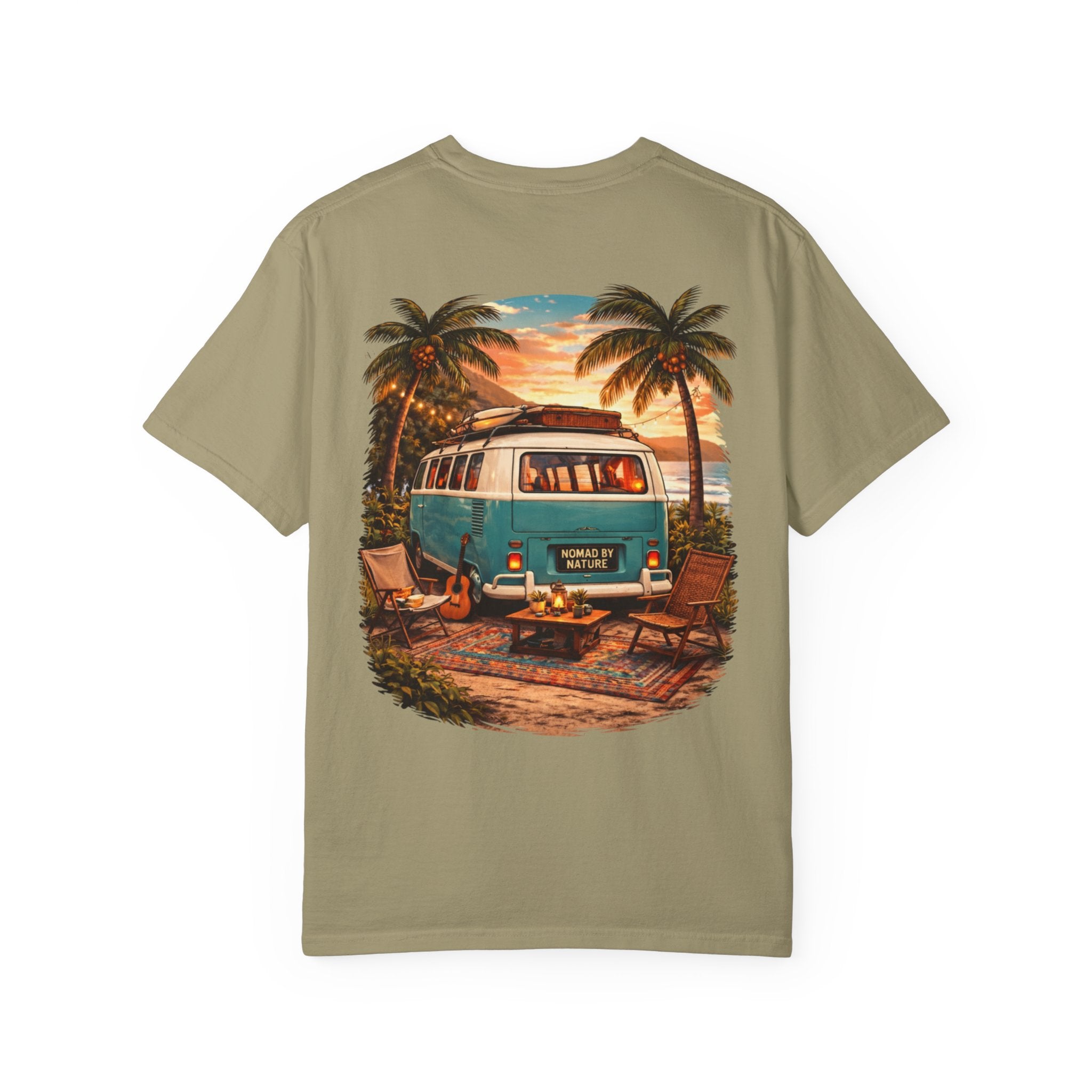 Vintage Camper Van Beach Scene T-Shirt | Sunset Palm Tree