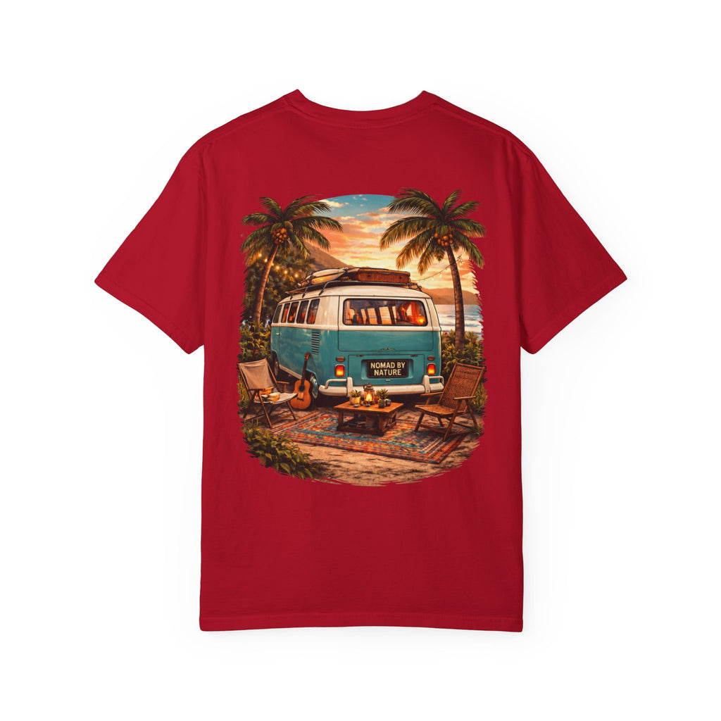 Vintage Camper Van Beach Scene T-Shirt | Sunset Palm Tree