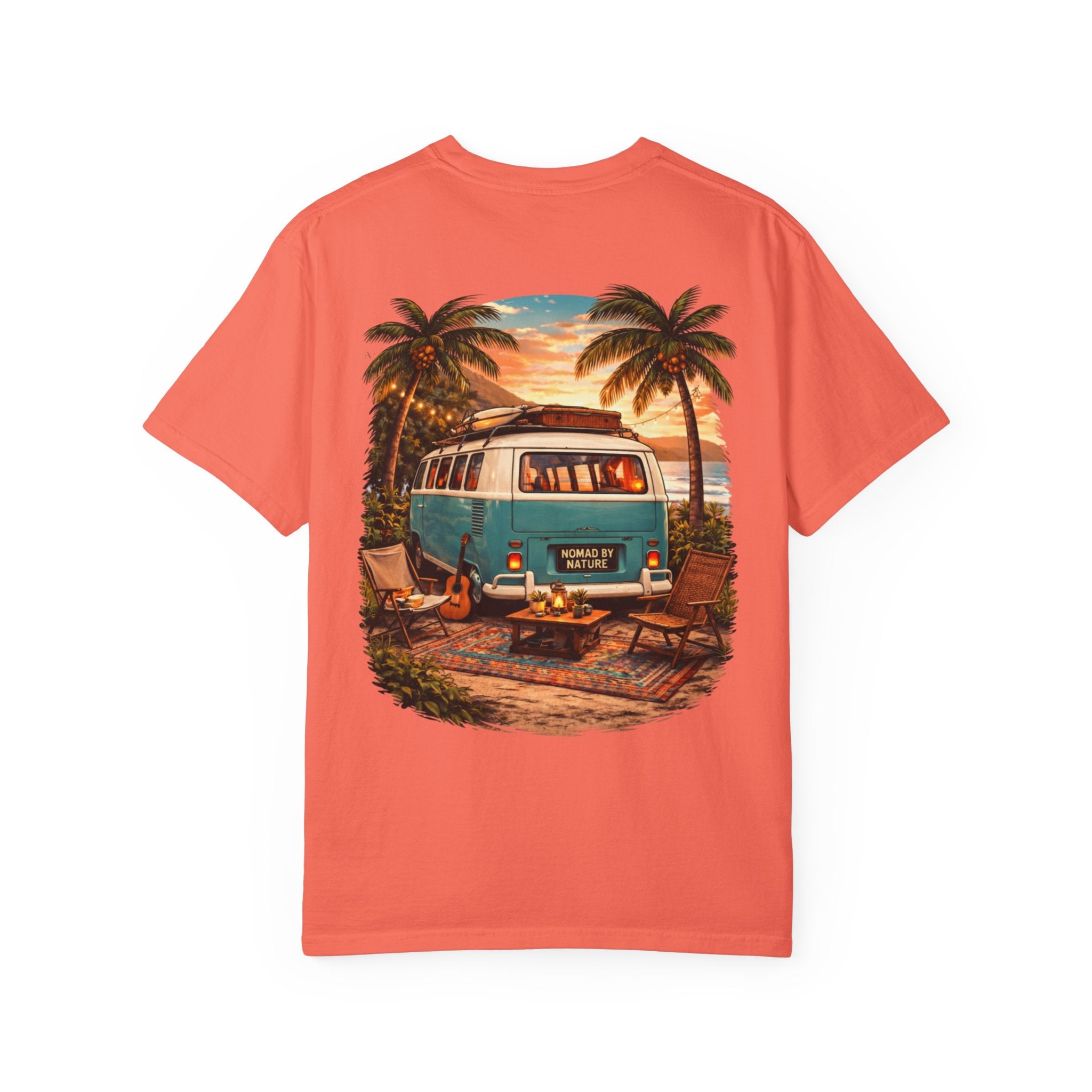 Vintage Camper Van Beach Scene T-Shirt | Sunset Palm Tree