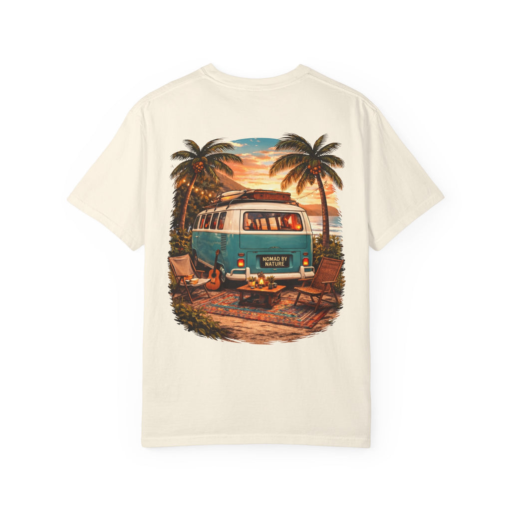 Vintage Camper Van Beach Scene T-Shirt | Sunset Palm Tree