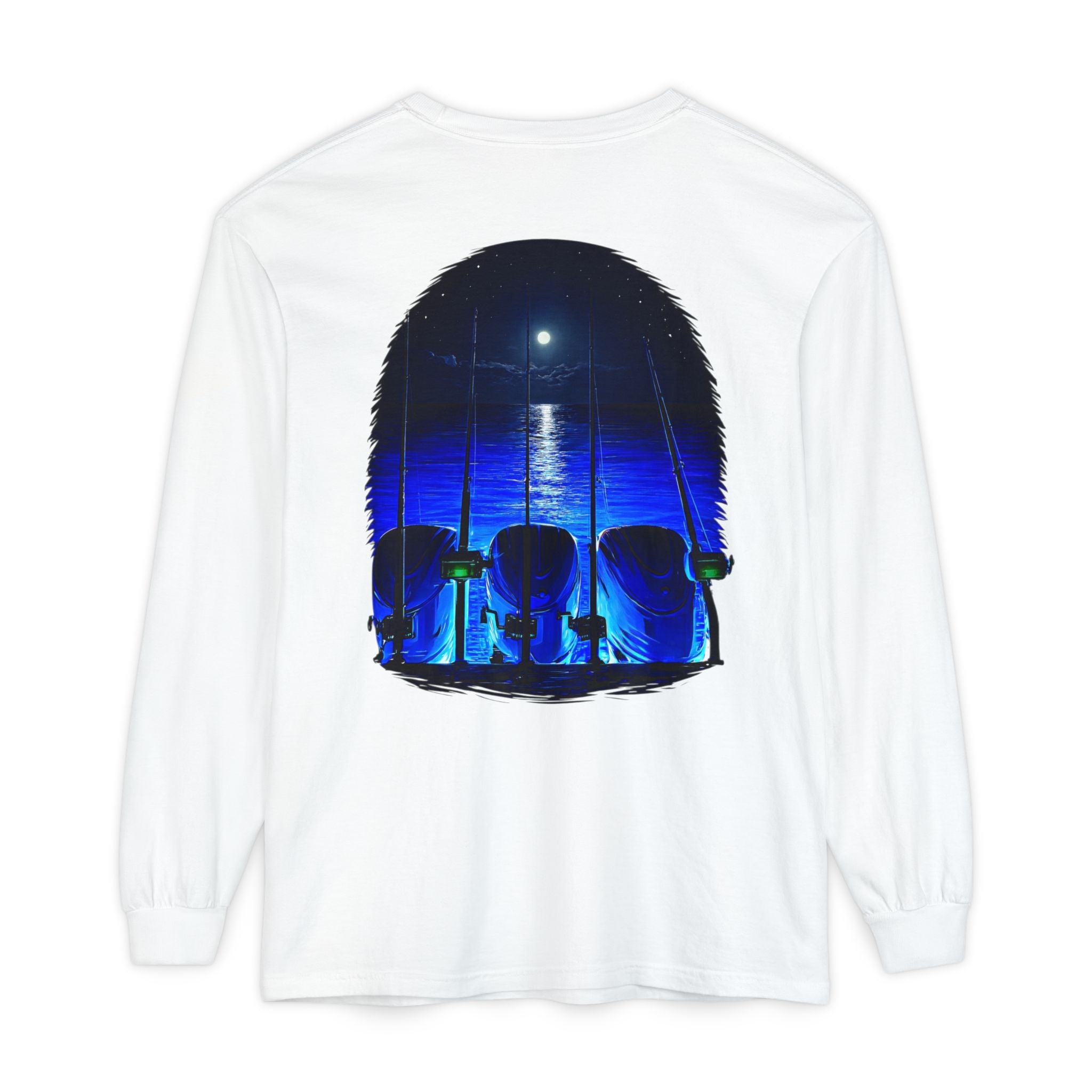 Moonlit Fishing Scene Long Sleeve Tee | Lake Night Fishing Graphic