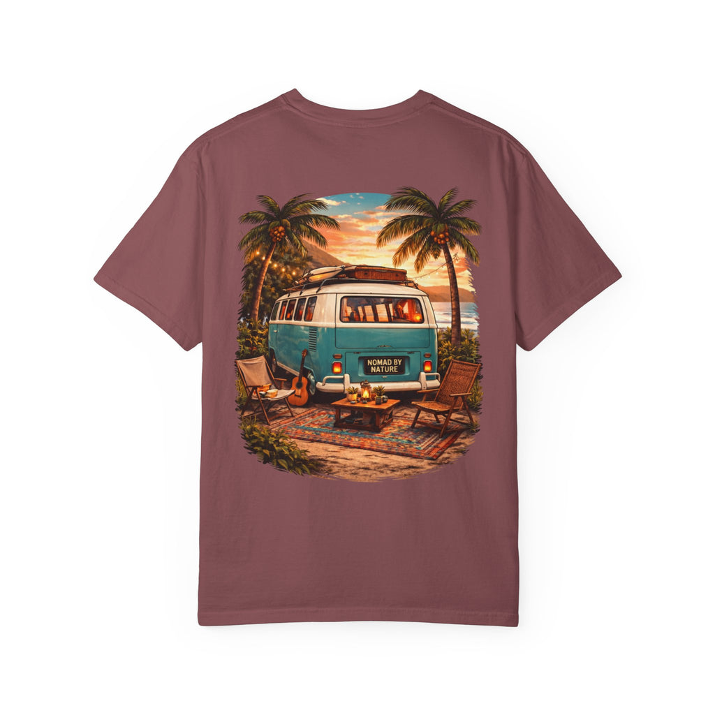 Vintage Camper Van Beach Scene T-Shirt | Sunset Palm Tree