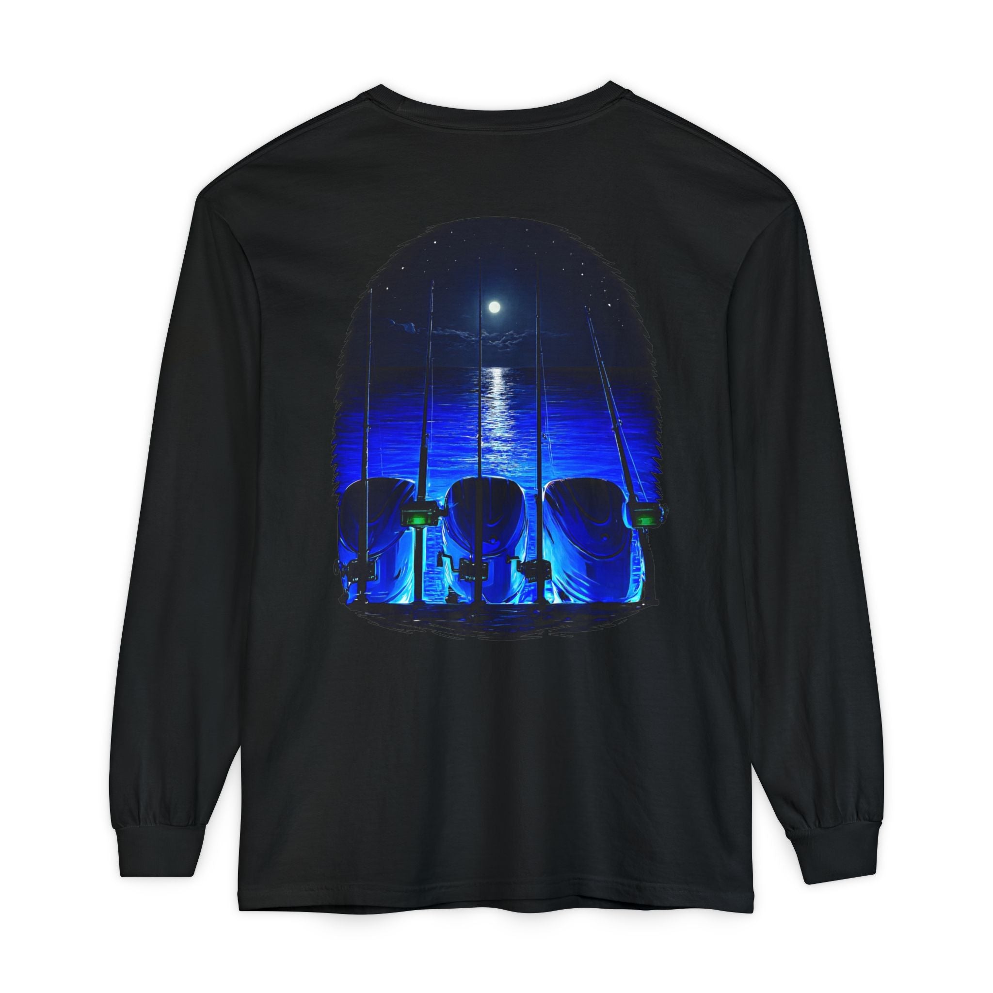 Moonlit Fishing Scene Long Sleeve Tee | Lake Night Fishing Graphic