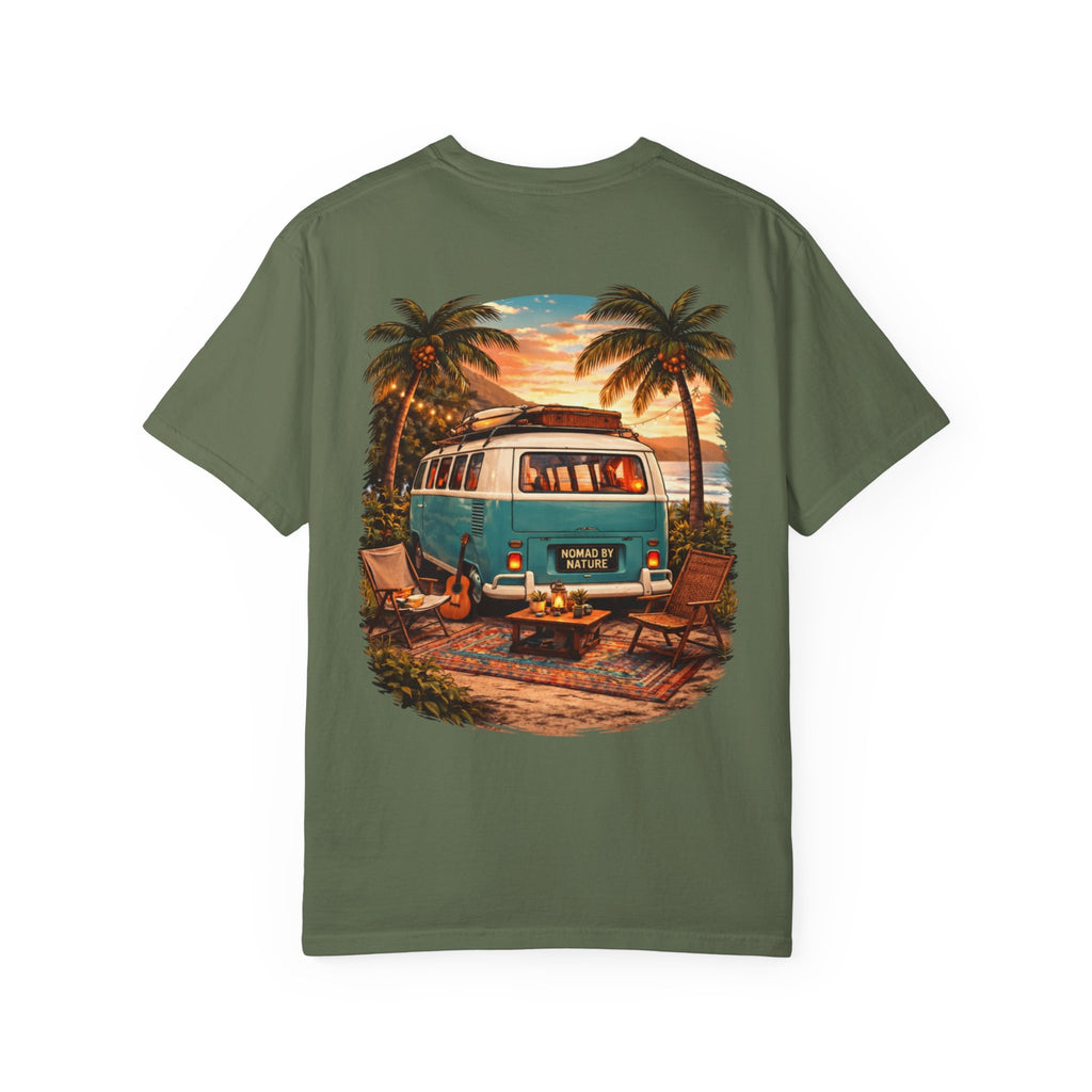 Vintage Camper Van Beach Scene T-Shirt | Sunset Palm Tree