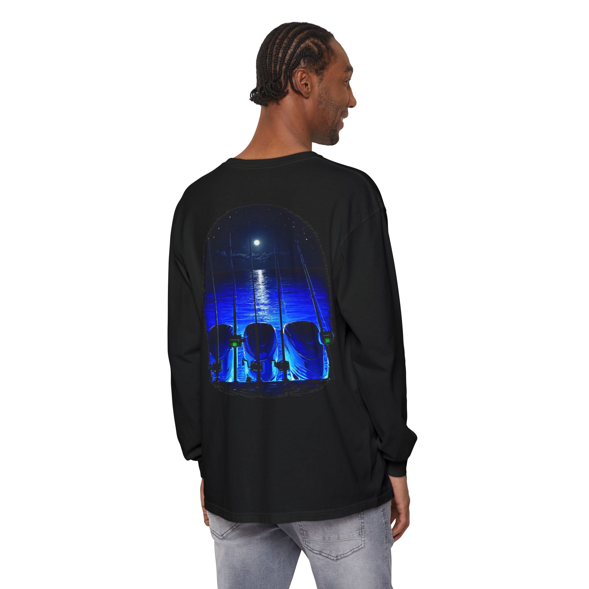 Moonlit Fishing Scene Long Sleeve Tee | Lake Night Fishing Graphic