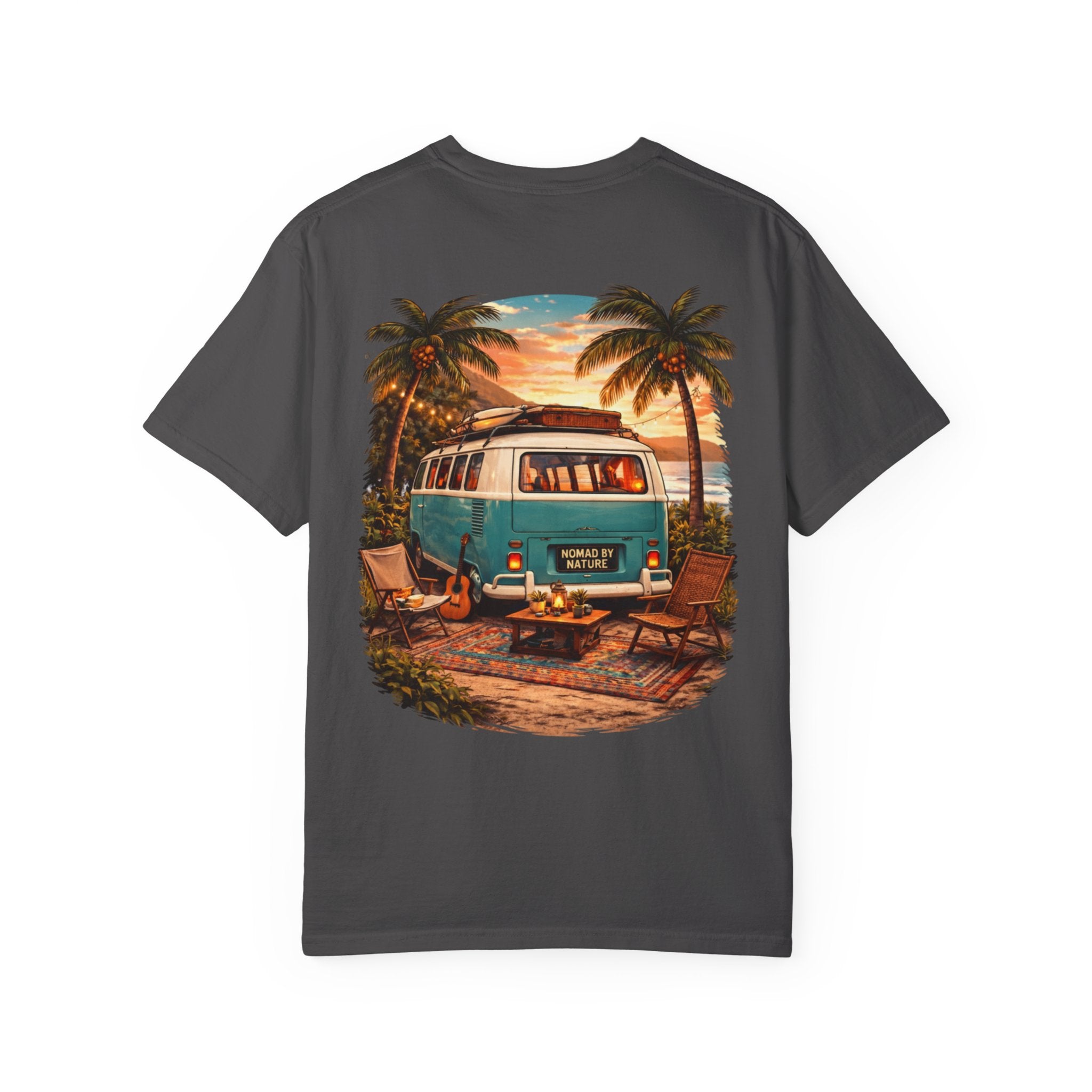 Vintage Camper Van Beach Scene T-Shirt | Sunset Palm Tree