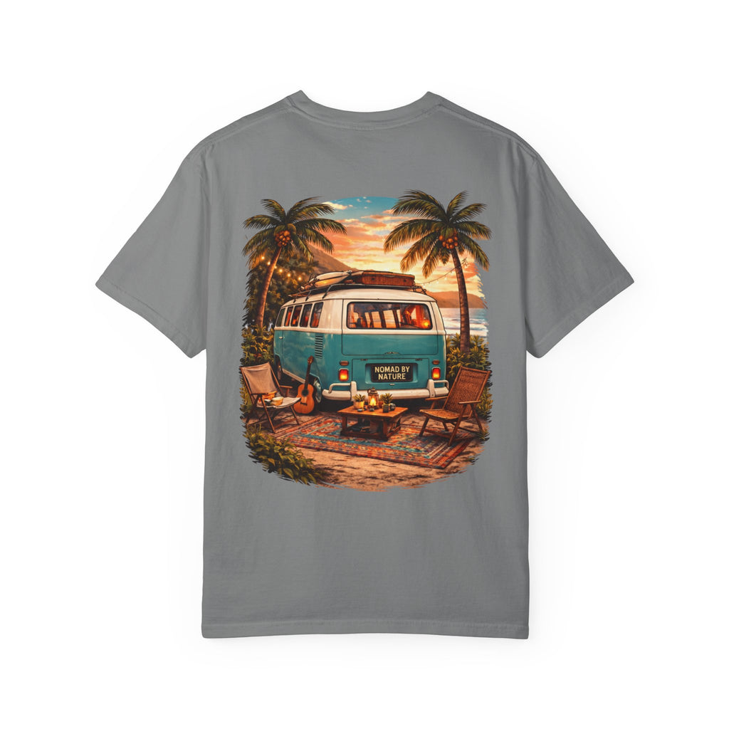 Vintage Camper Van Beach Scene T-Shirt | Sunset Palm Tree