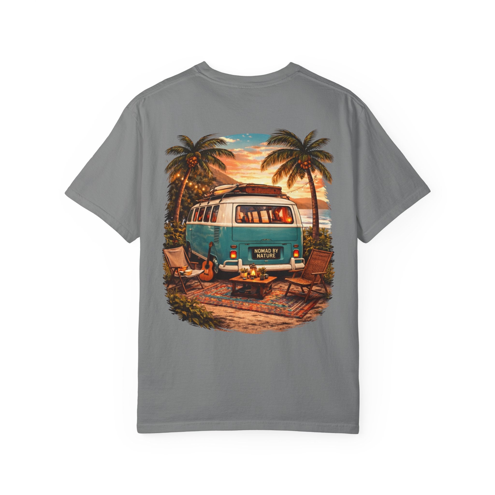 Vintage Camper Van Beach Scene T-Shirt | Sunset Palm Tree