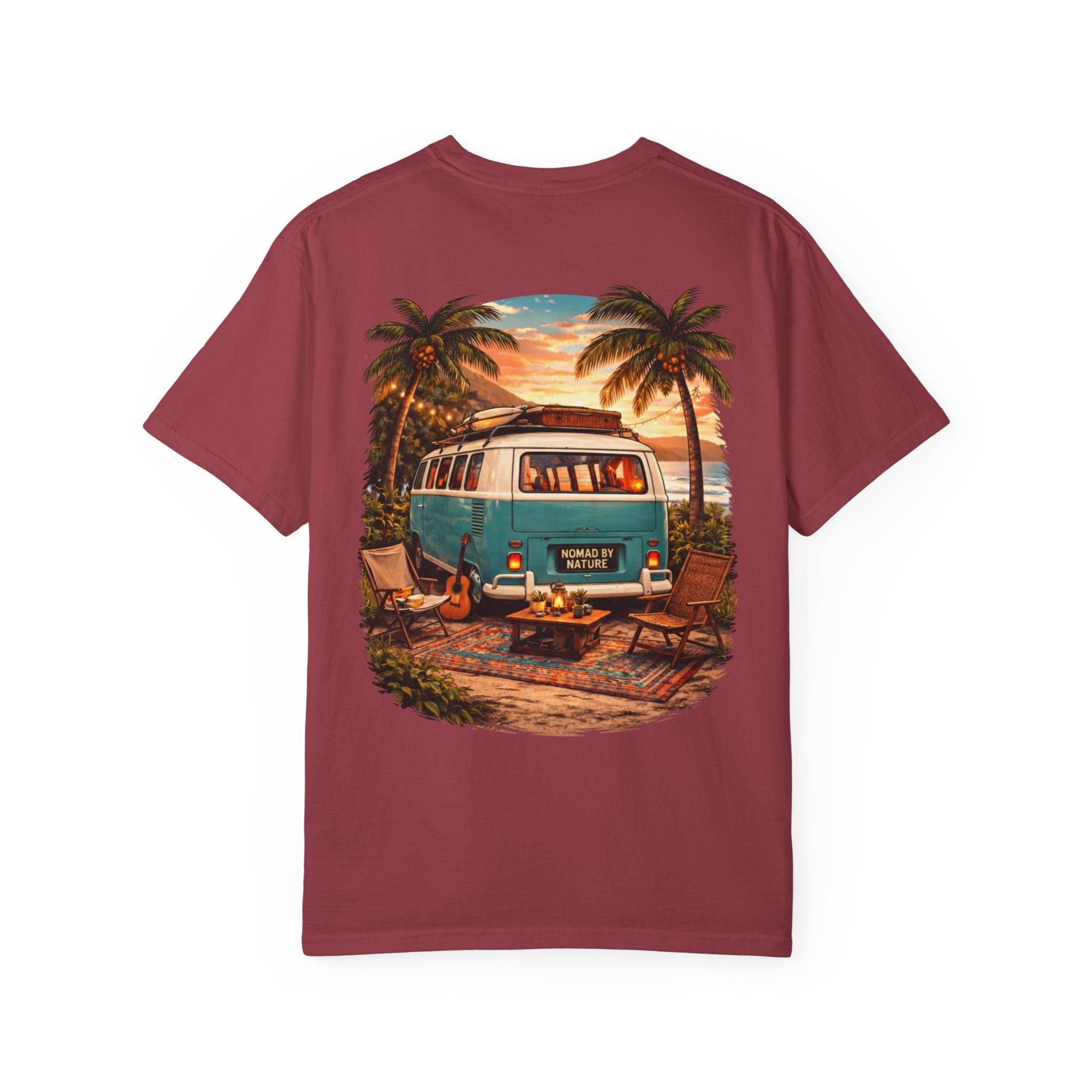 Vintage Camper Van Beach Scene T-Shirt | Sunset Palm Tree