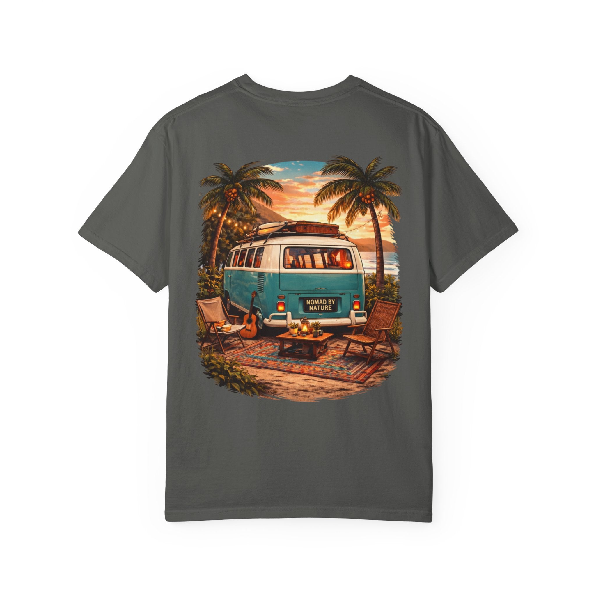 Vintage Camper Van Beach Scene T-Shirt | Sunset Palm Tree