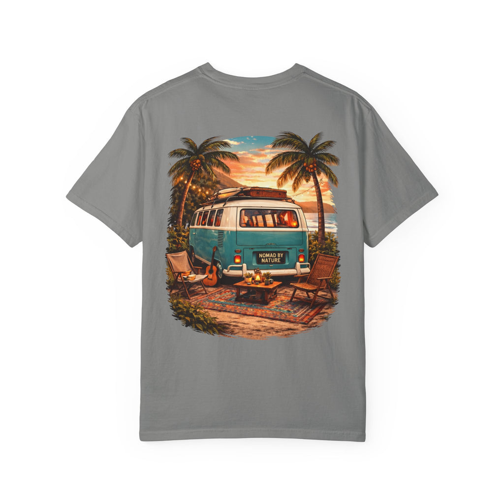 Vintage Camper Van Beach Scene T-Shirt | Sunset Palm Tree