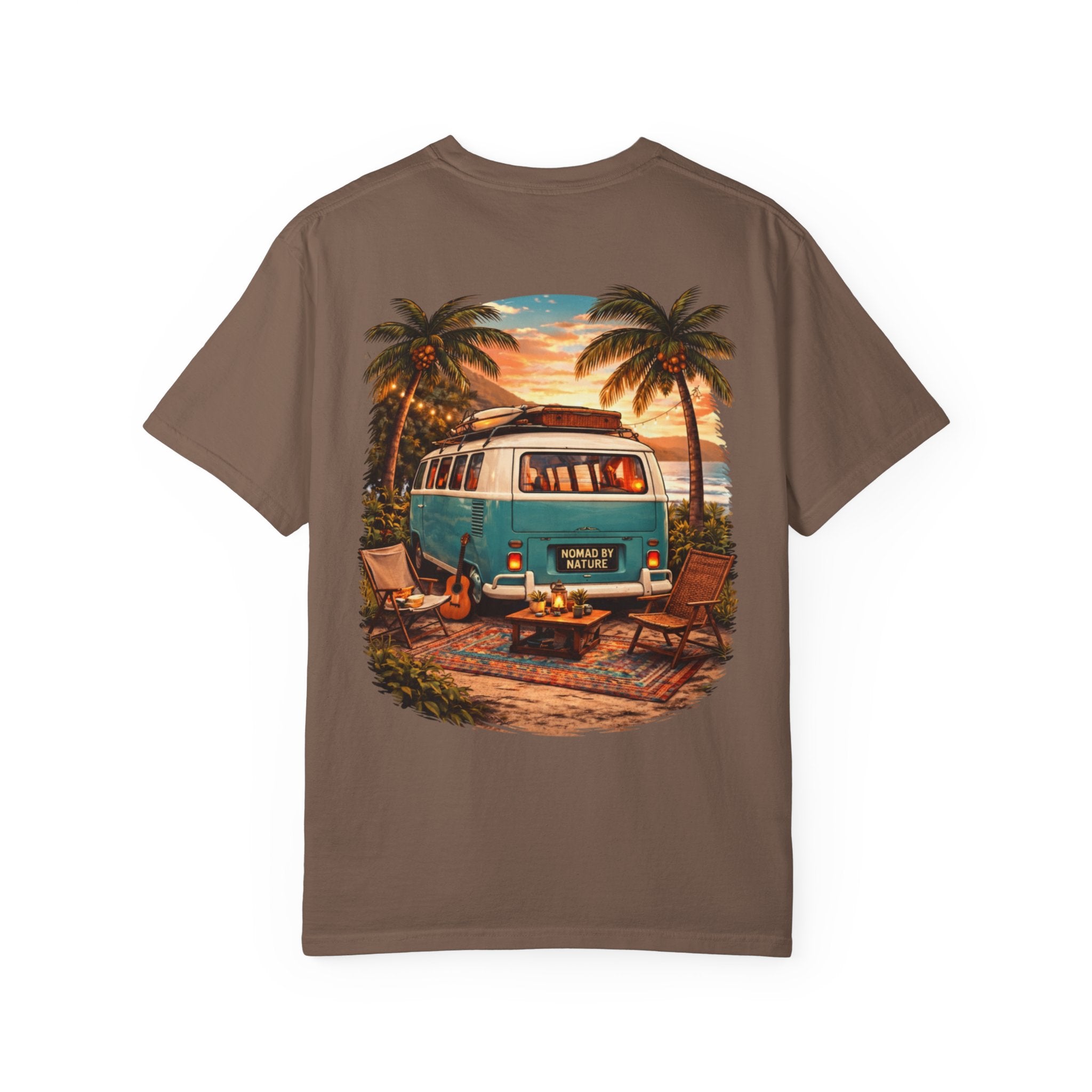 Vintage Camper Van Beach Scene T-Shirt | Sunset Palm Tree